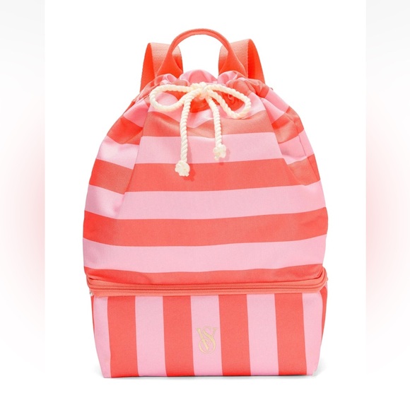 Victoria's Secret Pink & Coral Stripe ULTIMATE BEACH BAG backpack Cooler NWT - Picture 1 of 12